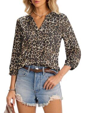 👑 Women Leopard Print 3/4 Sleeve Henley V Neck Pleated Button Front Blouses Top